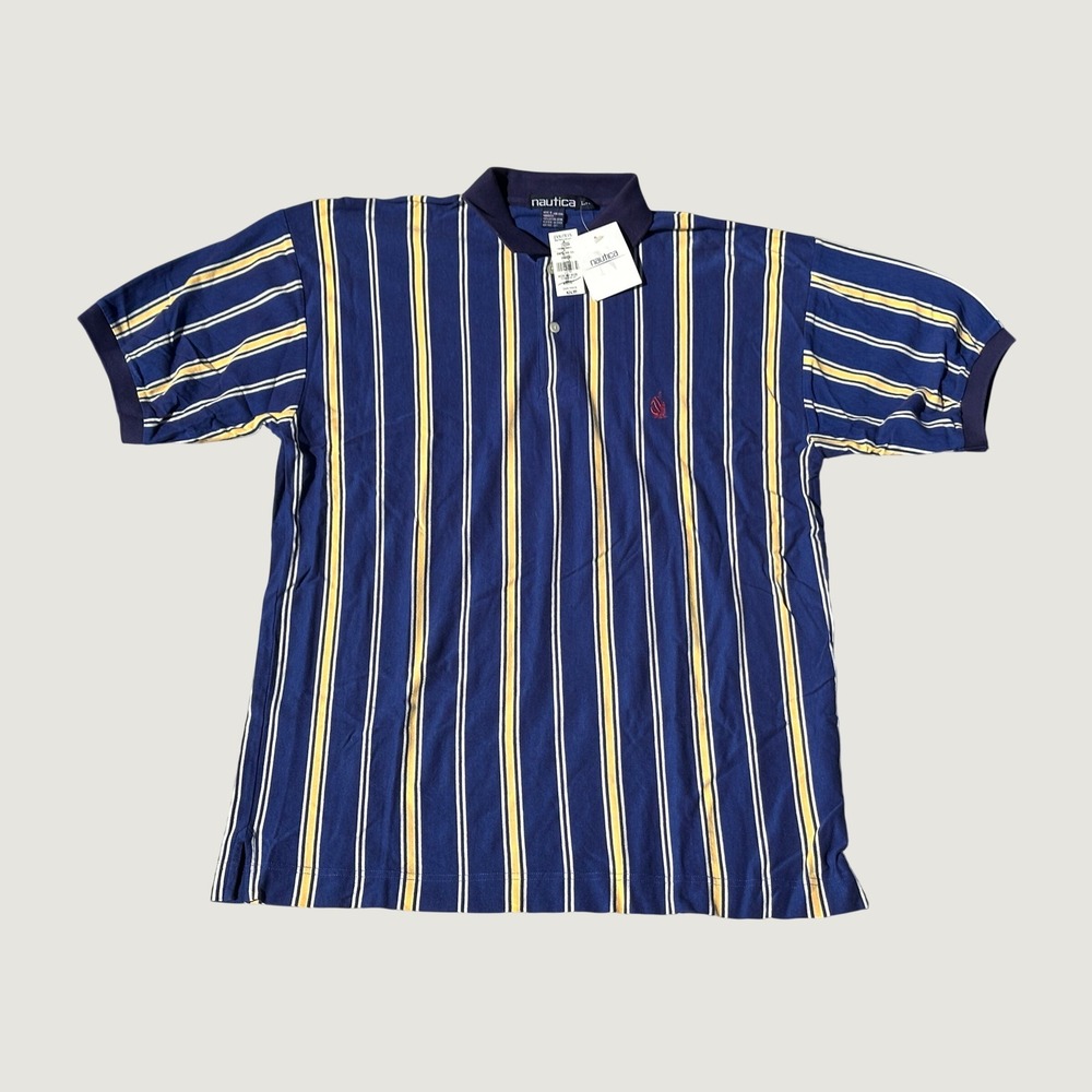 Vtg Nautica Mens Vertical Stripe Polo Shirt Surf Blue Yellow Large New With Tags